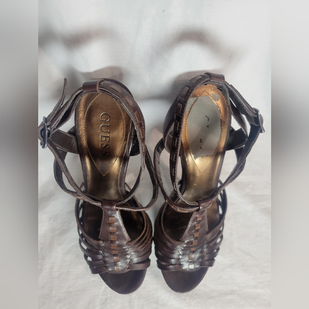 Guess Women's Strappy Ankle Strap Stiletto High Heel Platform Wooden Heel - Sz 8 - Picture 7 of 13